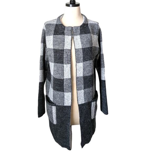 YAIRA Checkered Plaid Long Open Cardigan Jacket Sweater Check Patten Knit Medium - Picture 1 of 8